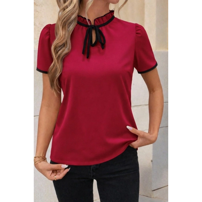 MARSiLYAN- Kadın Kısa Kollu Yakası Fırfırlı Bağcıklı Janjan Krep Bluz
