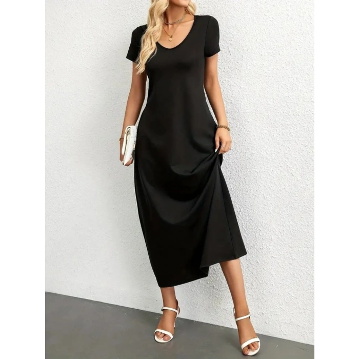 MARSiLYAN- Kadın Kısa Kollu Yakası Yuvarlak Cepli Viskon Elbise