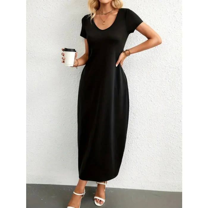 MARSiLYAN- Kadın Kısa Kollu Yakası Yuvarlak Cepli Viskon Elbise