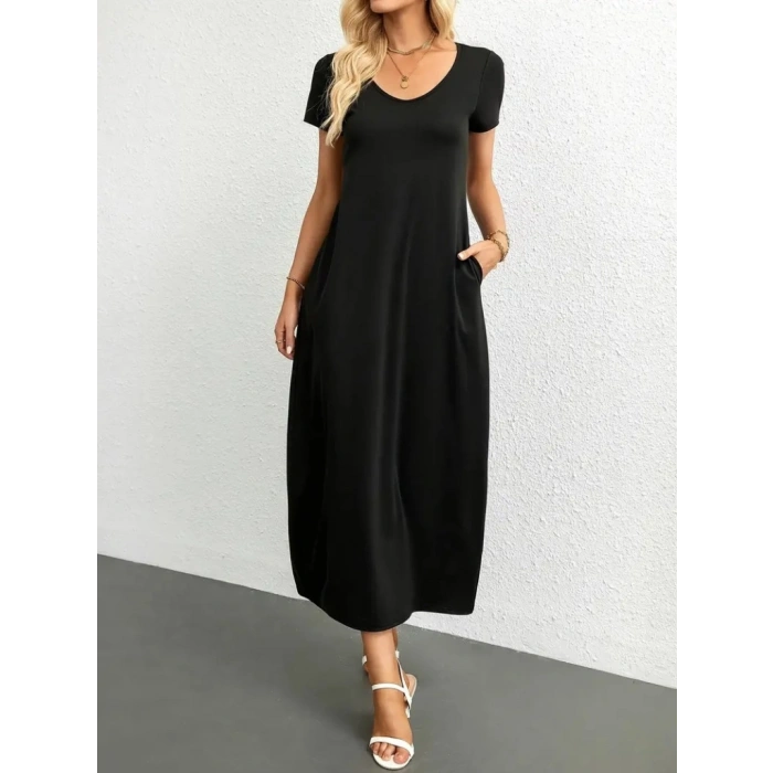 MARSiLYAN- Kadın Kısa Kollu Yakası Yuvarlak Cepli Viskon Elbise