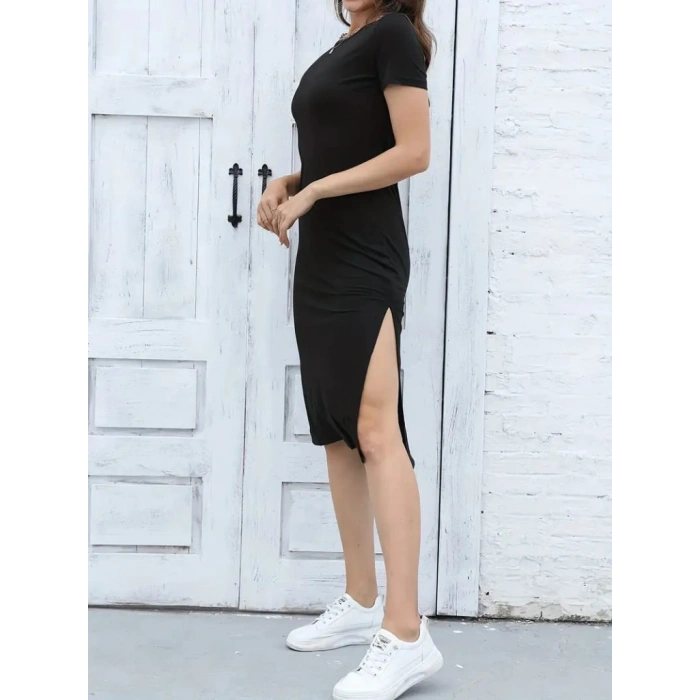 MARSiLYAN- Kadın Kısa Kollu Yanı Yırtmaçlı Bisiklet Yaka Dizde Viskon Elbise