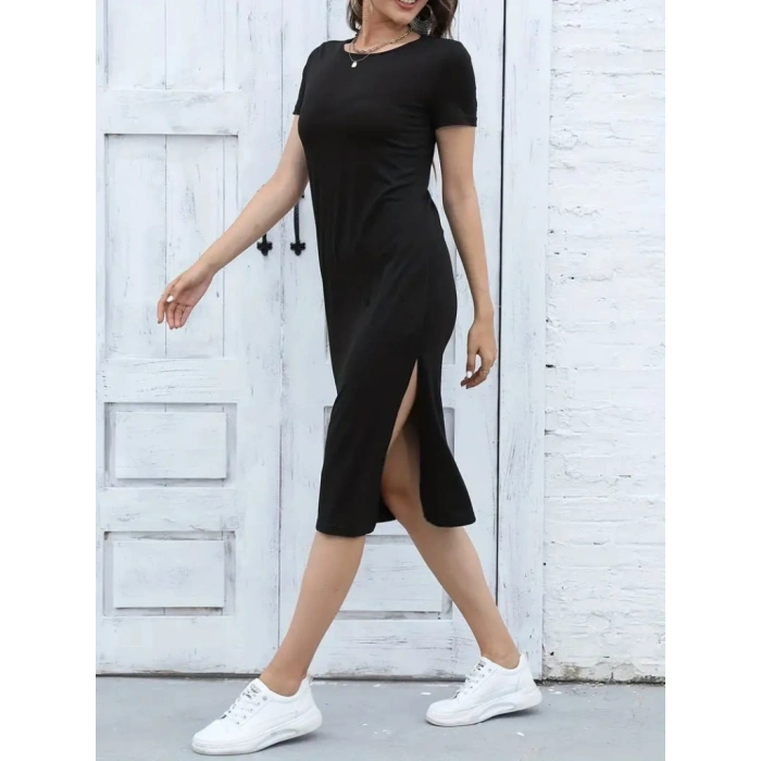 MARSiLYAN- Kadın Kısa Kollu Yanı Yırtmaçlı Bisiklet Yaka Dizde Viskon Elbise