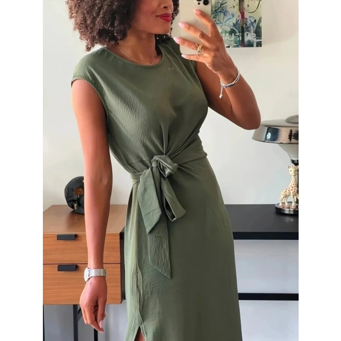 MARSiLYAN- Kadın Kısa Kollu Yuvarlak Yaka Belden Bağcıklı önden Yırtmaçlı Aerobin Elbise