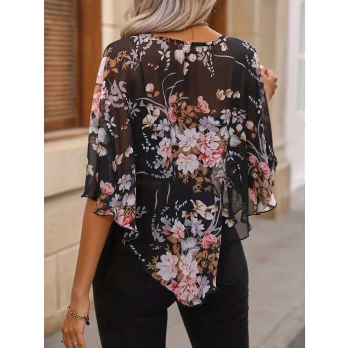 MARSiLYAN- Kadın Kısa Kollu Yuvarlak Yaka çiçek Baskılı Asimetrik Kesim şifon Bluz