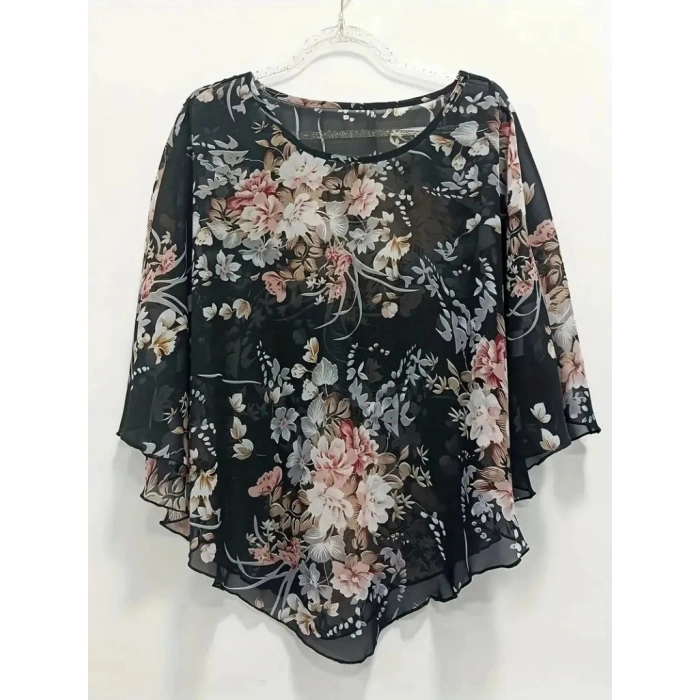 MARSiLYAN- Kadın Kısa Kollu Yuvarlak Yaka çiçek Baskılı Asimetrik Kesim şifon Bluz
