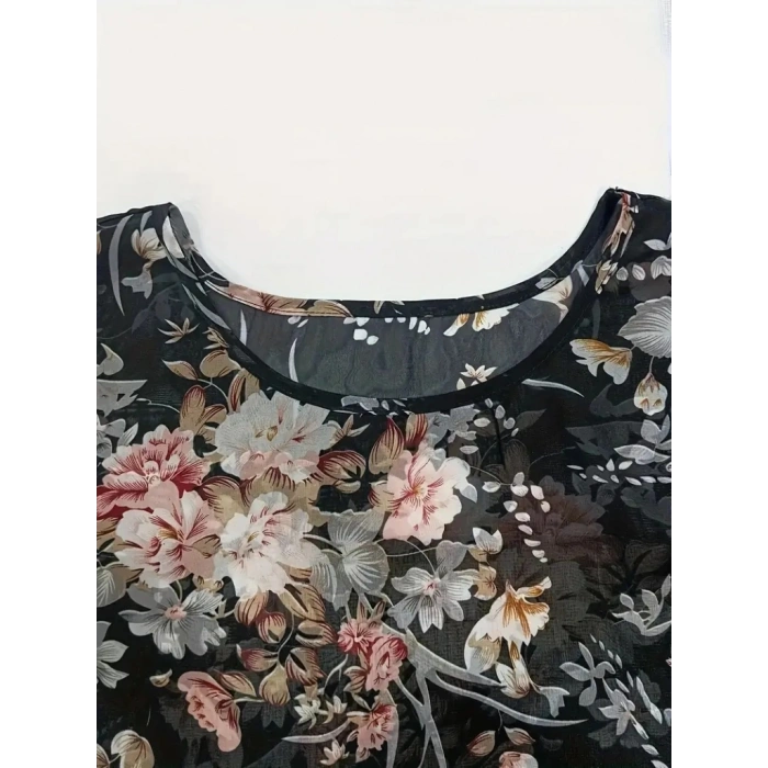 MARSiLYAN- Kadın Kısa Kollu Yuvarlak Yaka çiçek Baskılı Asimetrik Kesim şifon Bluz