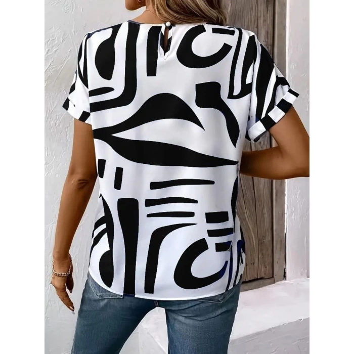 MARSiLYAN- Kadın Kısa Kollu Yuvarlak Yaka Desenli Süprem Bluz