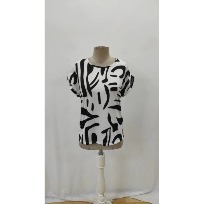 MARSiLYAN- Kadın Kısa Kollu Yuvarlak Yaka Desenli Süprem Bluz