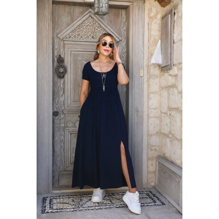 MARSiLYAN- Kadın Kısa Kollu Yuvarlak Yaka önden Yırtmaçlı Cepli Viskon Uzun Elbise