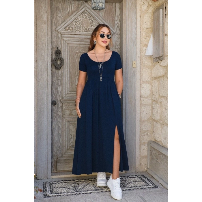 MARSiLYAN- Kadın Kısa Kollu Yuvarlak Yaka önden Yırtmaçlı Cepli Viskon Uzun Elbise