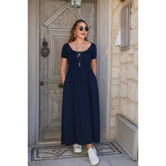 MARSiLYAN- Kadın Kısa Kollu Yuvarlak Yaka önden Yırtmaçlı Cepli Viskon Uzun Elbise