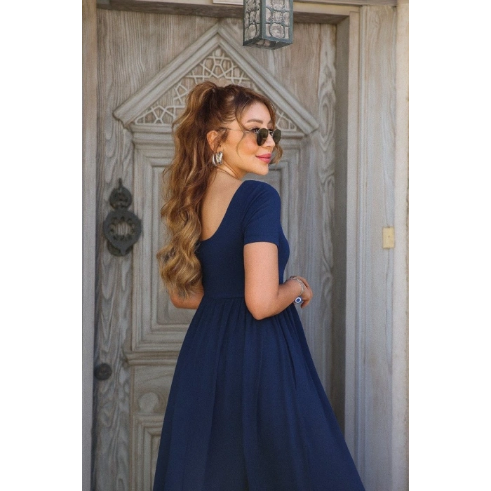 MARSiLYAN- Kadın Kısa Kollu Yuvarlak Yaka önden Yırtmaçlı Cepli Viskon Uzun Elbise