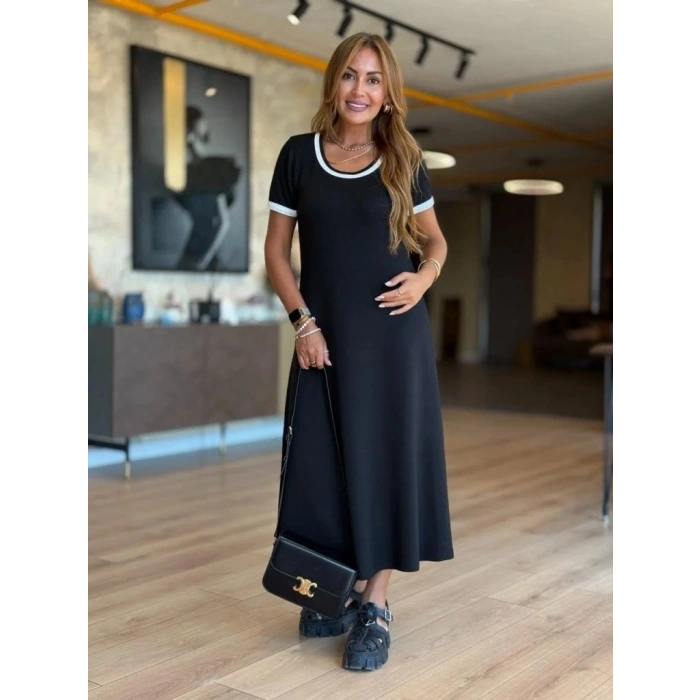 MARSiLYAN- Kadın Kısa Kollu Yuvarlak Yaka Yandan Yırtmaçlı Midi Viskon Elbise