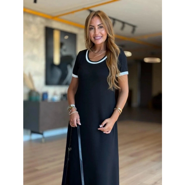 MARSiLYAN- Kadın Kısa Kollu Yuvarlak Yaka Yandan Yırtmaçlı Midi Viskon Elbise