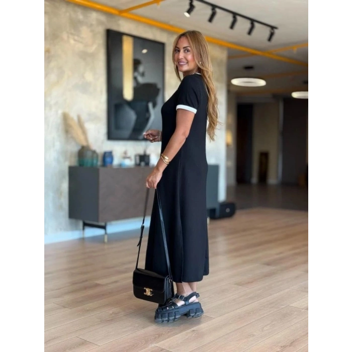 MARSiLYAN- Kadın Kısa Kollu Yuvarlak Yaka Yandan Yırtmaçlı Midi Viskon Elbise