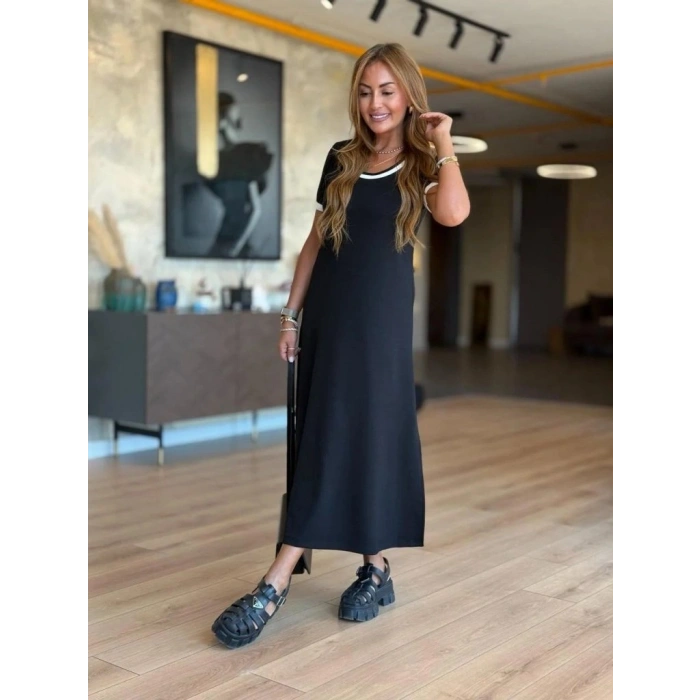 MARSiLYAN- Kadın Kısa Kollu Yuvarlak Yaka Yandan Yırtmaçlı Midi Viskon Elbise