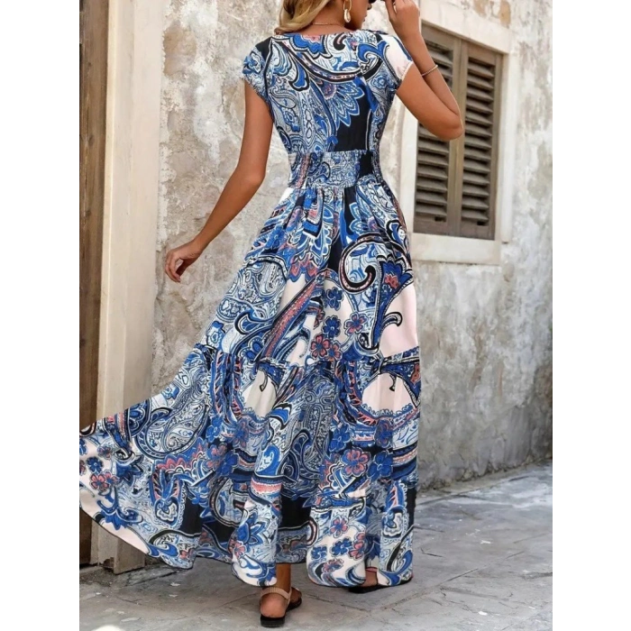 MARSiLYAN- Kadın Kısa Yarasa Kanat Kollu V Yakalı Beli Büzgülü Süprem Elbise