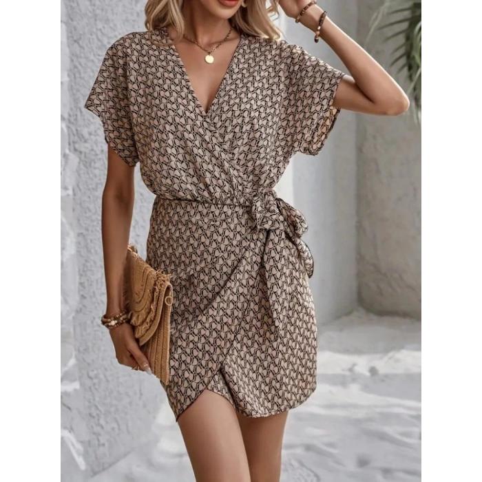 MARSiLYAN- Kadın Kısa Yarasa Kollu önden Kruvaze Yaka Detaylı önden Bağlamalı Desenli Süprem Elbise