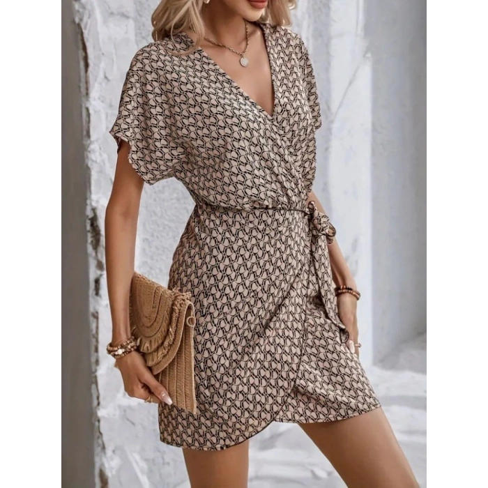 MARSiLYAN- Kadın Kısa Yarasa Kollu önden Kruvaze Yaka Detaylı önden Bağlamalı Desenli Süprem Elbise