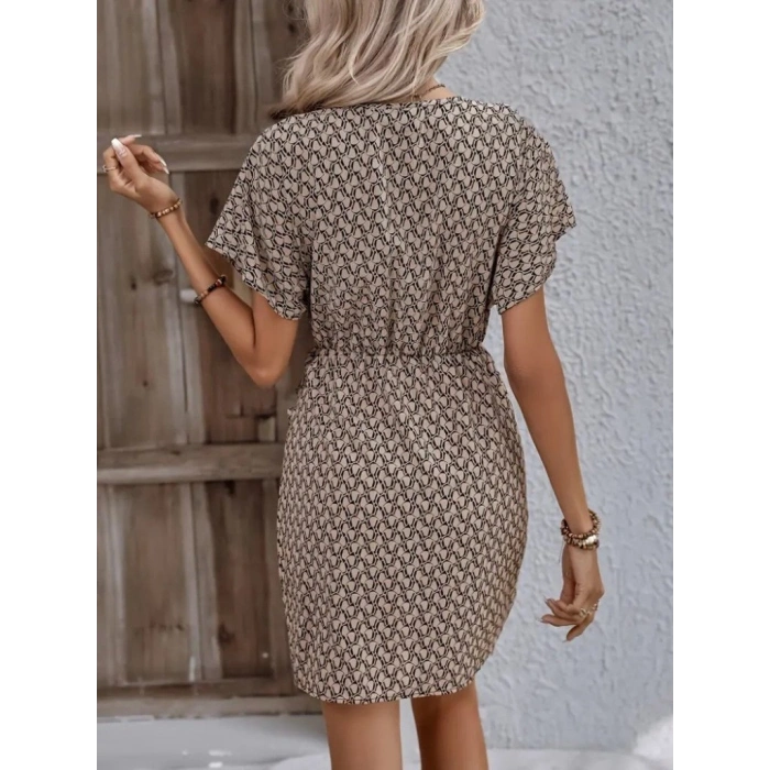 MARSiLYAN- Kadın Kısa Yarasa Kollu önden Kruvaze Yaka Detaylı önden Bağlamalı Desenli Süprem Elbise