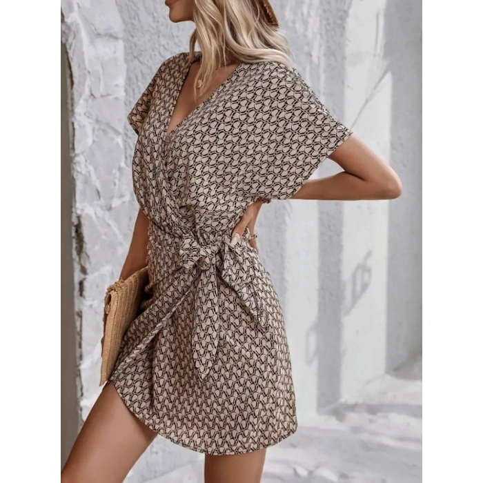 MARSiLYAN- Kadın Kısa Yarasa Kollu önden Kruvaze Yaka Detaylı önden Bağlamalı Desenli Süprem Elbise