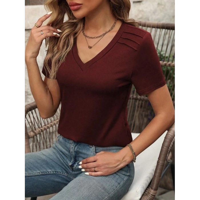 MARSiLYAN- Kadın Kollu V Yakalı Omuzlarda çizgi Detaylı Viskon Bluz