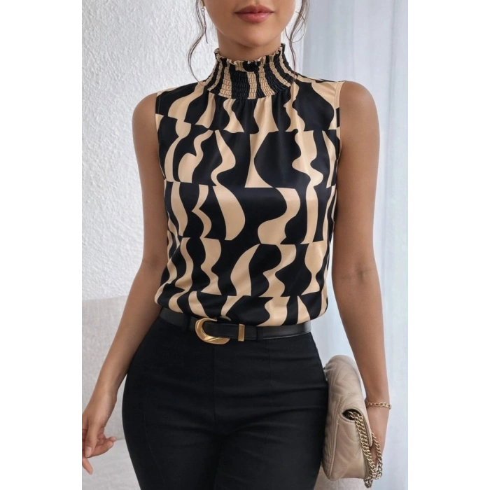 MARSiLYAN- Kadın Kolsuz Balıkçı Yaka Desenli Süprem Bluz