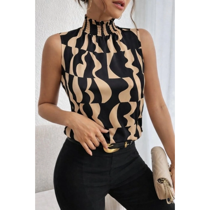 MARSiLYAN- Kadın Kolsuz Balıkçı Yaka Desenli Süprem Bluz