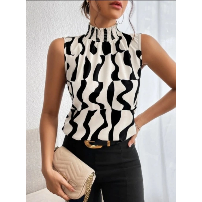 MARSiLYAN- Kadın Kolsuz Balıkçı Yaka Desenli Süprem Bluz