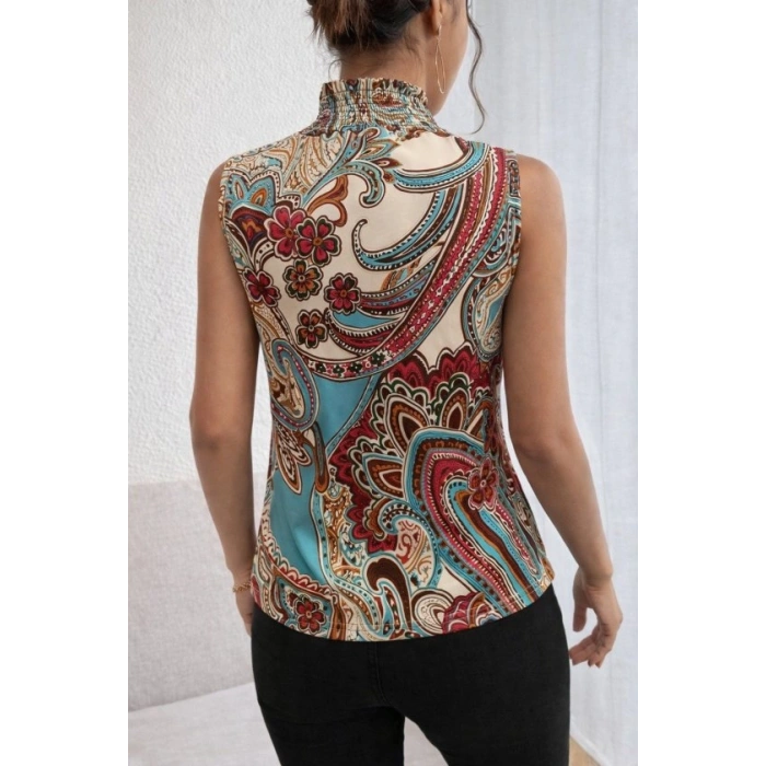 MARSiLYAN- Kadın Kolsuz Balıkçı Yaka Desenli Süprem Bluz