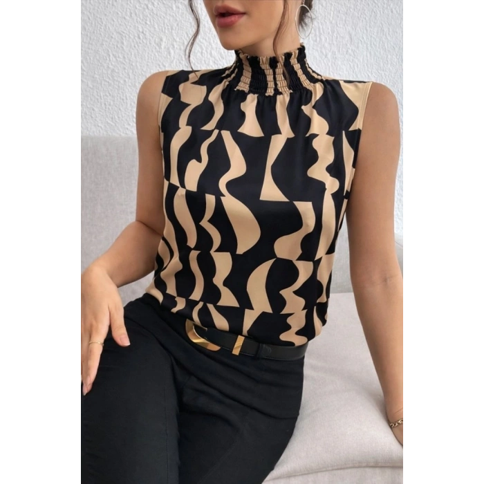 MARSiLYAN- Kadın Kolsuz Balıkçı Yaka Desenli Süprem Bluz