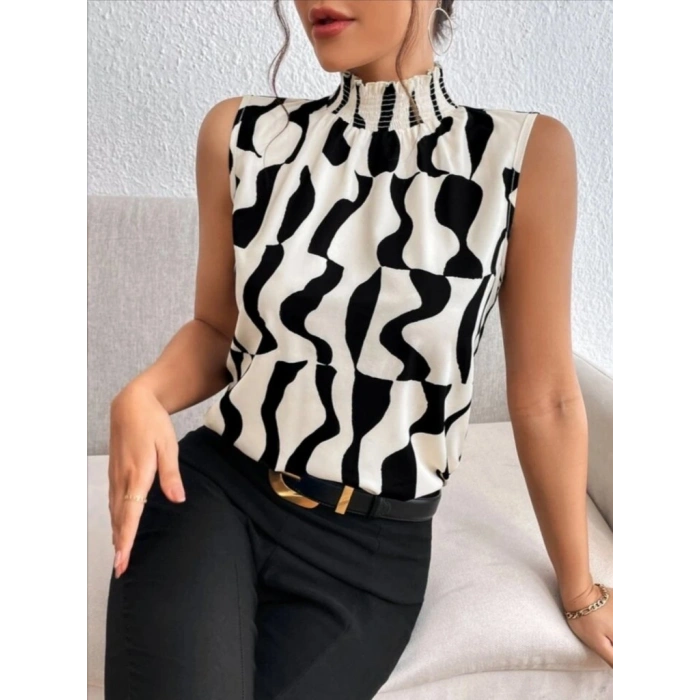 MARSiLYAN- Kadın Kolsuz Balıkçı Yaka Desenli Süprem Bluz