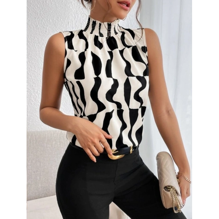 MARSiLYAN- Kadın Kolsuz Balıkçı Yaka Desenli Süprem Bluz