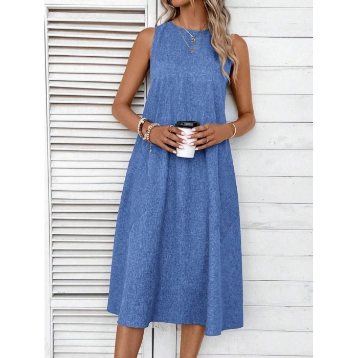 MARSiLYAN- Kadın Kolsuz Bisiklet Yaka Cepli Midi Keten Elbise