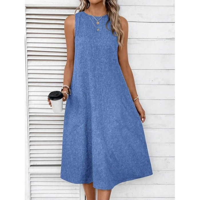 MARSiLYAN- Kadın Kolsuz Bisiklet Yaka Cepli Midi Keten Elbise