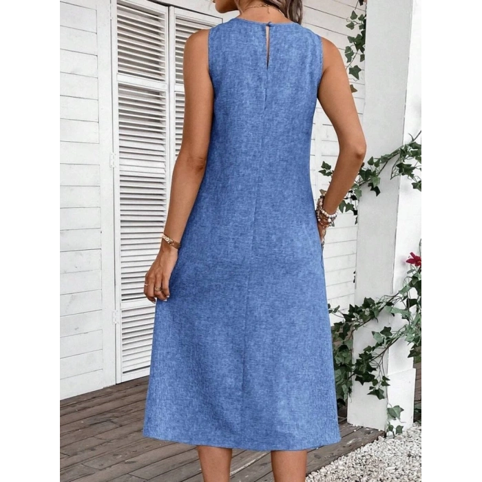 MARSiLYAN- Kadın Kolsuz Bisiklet Yaka Cepli Midi Keten Elbise