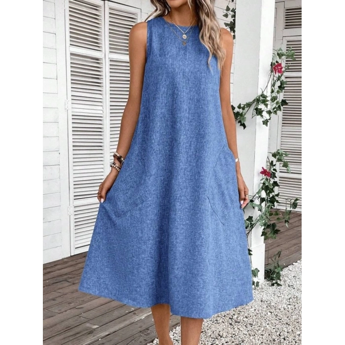 MARSiLYAN- Kadın Kolsuz Bisiklet Yaka Cepli Midi Keten Elbise