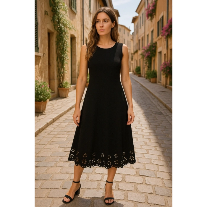 MARSiLYAN- Kadın Kolsuz Etek Ucu Lazer Kesim çiçek Desenli Midi Boy Ithal Krep Elbise