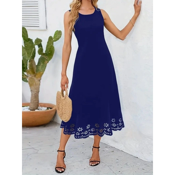 MARSiLYAN- Kadın Kolsuz Etek Ucu Lazer Kesim çiçek Desenli Midi Boy Ithal Krep Elbise