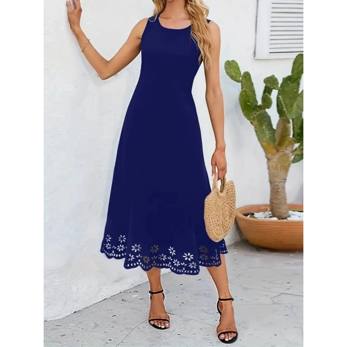 MARSiLYAN- Kadın Kolsuz Etek Ucu Lazer Kesim çiçek Desenli Midi Boy Ithal Krep Elbise