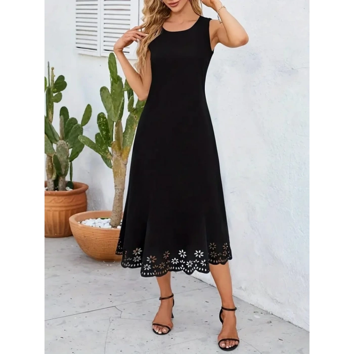 MARSiLYAN- Kadın Kolsuz Etek Ucu Lazer Kesim çiçek Desenli Midi Boy Janjan Krep Elbise