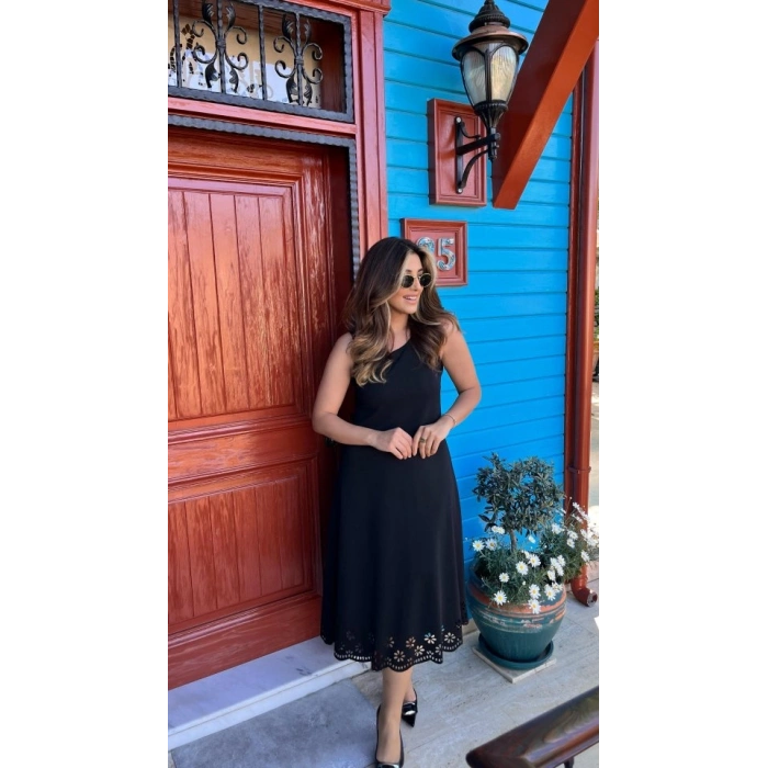 MARSiLYAN- Kadın Kolsuz Etek Ucu Lazer Kesim çiçek Desenli Midi Boy Janjan Krep Elbise