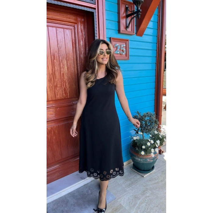 MARSiLYAN- Kadın Kolsuz Etek Ucu Lazer Kesim çiçek Desenli Midi Boy Janjan Krep Elbise