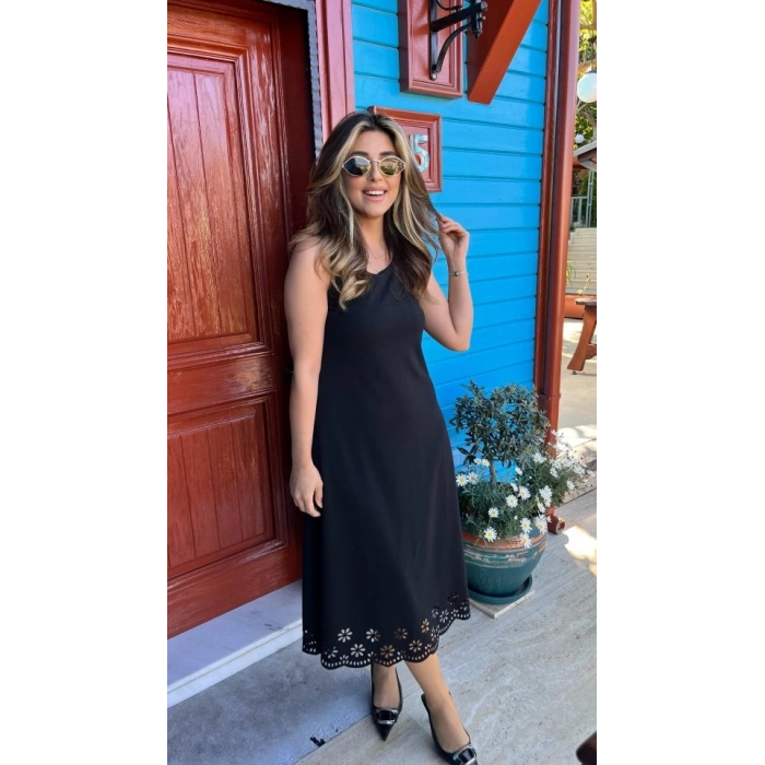 MARSiLYAN- Kadın Kolsuz Etek Ucu Lazer Kesim çiçek Desenli Midi Boy Janjan Krep Elbise