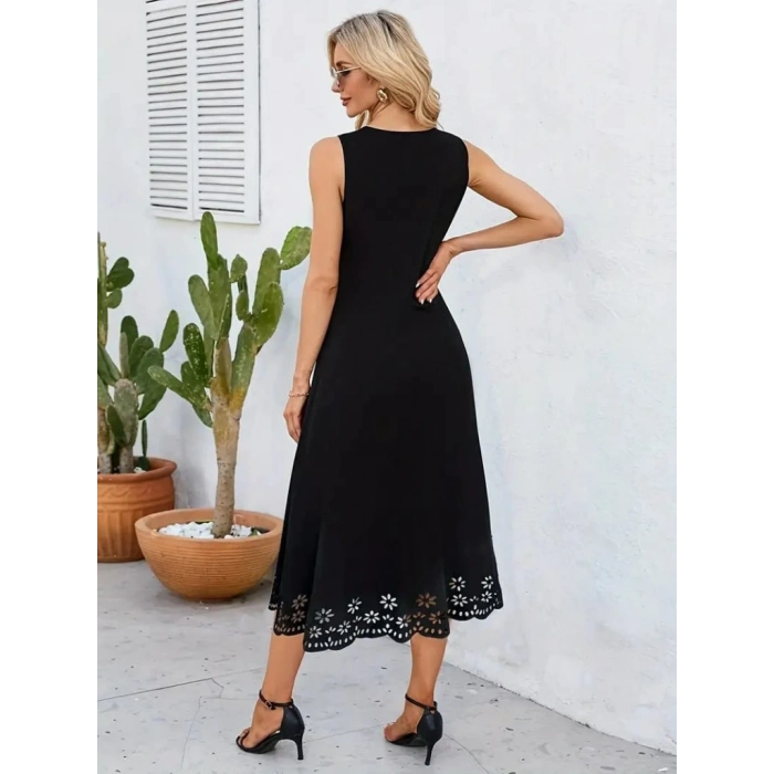 MARSiLYAN- Kadın Kolsuz Etek Ucu Lazer Kesim çiçek Desenli Midi Boy Janjan Krep Elbise