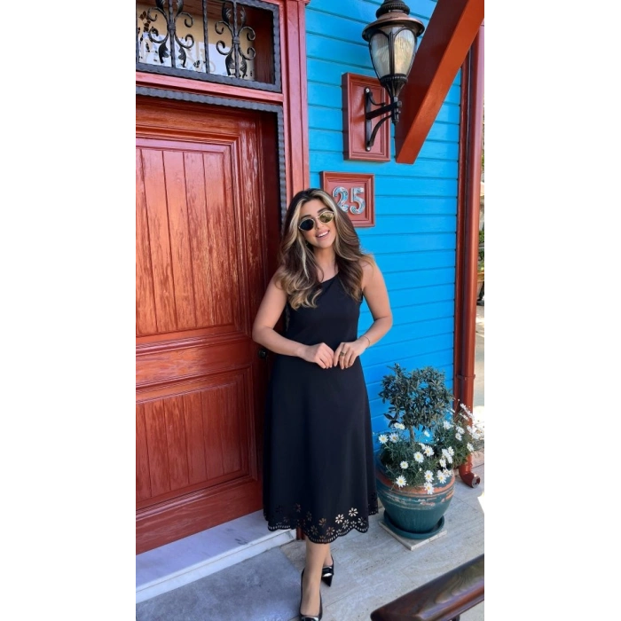 MARSiLYAN- Kadın Kolsuz Etek Ucu Lazer Kesim çiçek Desenli Midi Boy Janjan Krep Elbise