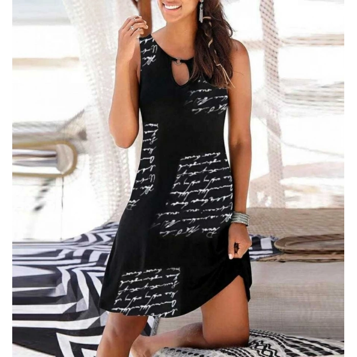 MARSiLYAN- Kadın Kolsuz Halka Detay Mektup Desenli Mikro Elbise