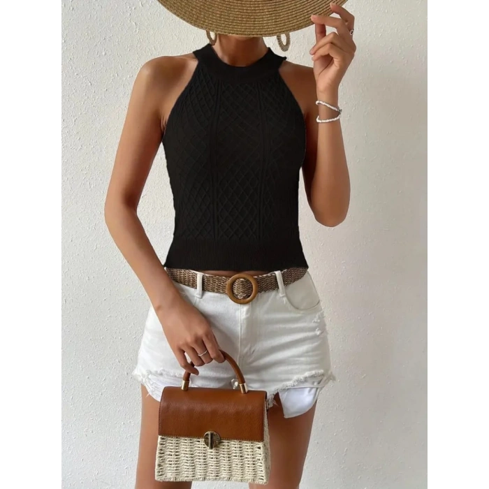 MARSiLYAN- Kadın Kolsuz Halter Yaka Mini Baklava Desenli Triko Bluz