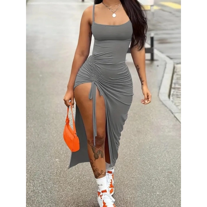 MARSiLYAN- Kadın Kolsuz Ip Askılı Yandan Büzgülü Uzun Viskon Elbise