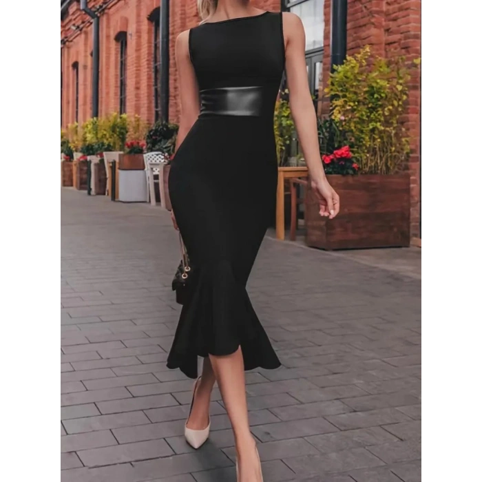 MARSiLYAN- Kadın Kolsuz Kayık Yaka Beli Deri Detaylı Krep Elbise